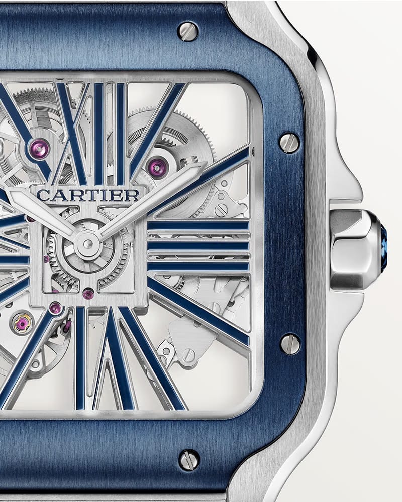 CARTIER SANTOS DE CARTIER, SKELETON, LARGE, MANUAL, STEEL, INTERCHANGEABLE METAL AND RUBBER BRACELETS