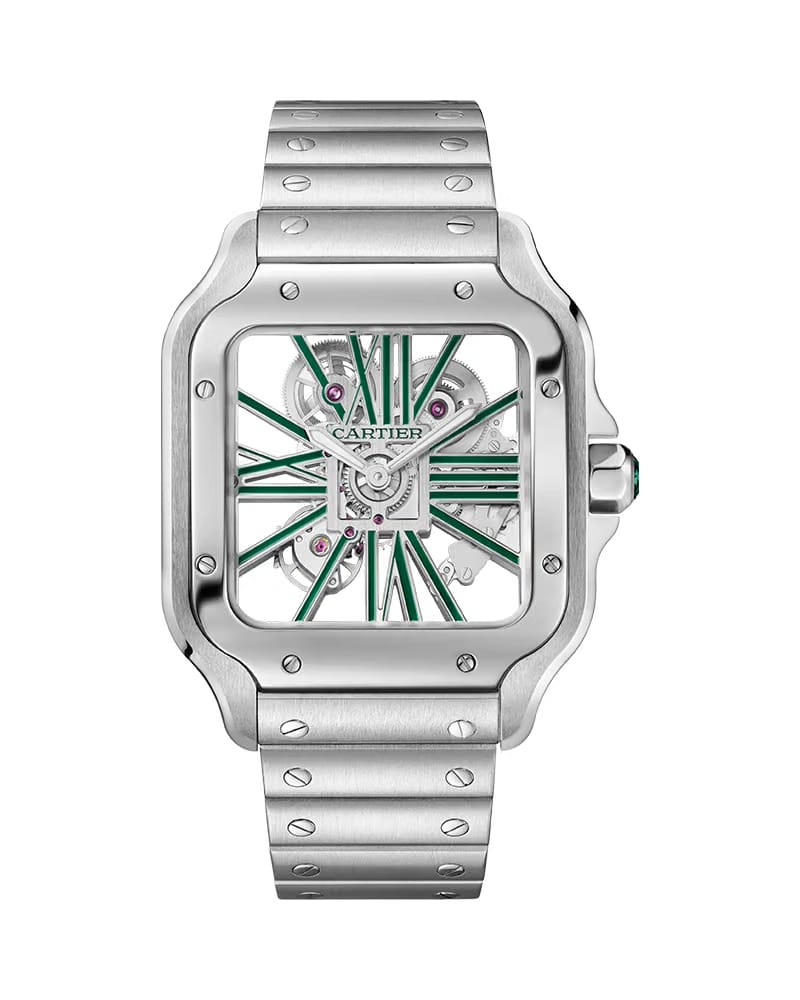 CARTIER SANTOS DE CARTIER, SKELETON, LARGE, MANUAL, STEEL, INTERCHANGEABLE METAL AND LEATHER BRACELETS