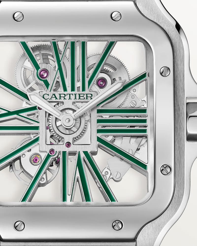 CARTIER SANTOS DE CARTIER, SKELETON, LARGE, MANUAL, STEEL, INTERCHANGEABLE METAL AND LEATHER BRACELETS