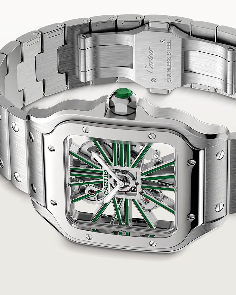 CARTIER SANTOS DE CARTIER, SKELETON, LARGE, MANUAL, STEEL, INTERCHANGEABLE METAL AND LEATHER BRACELETS