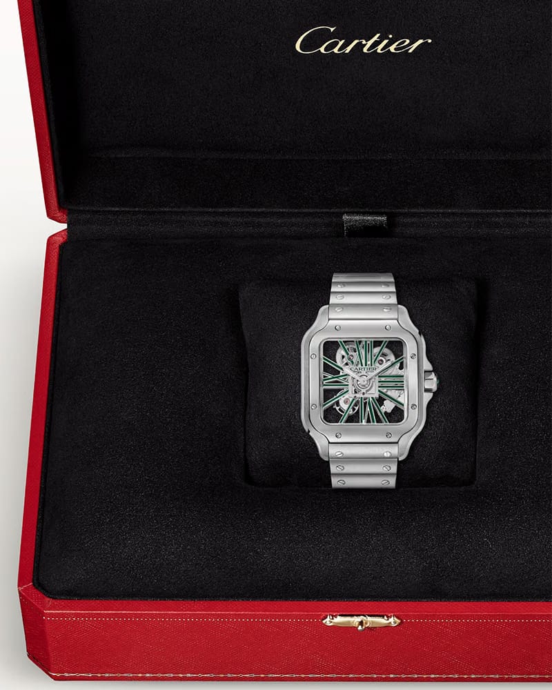 CARTIER SANTOS DE CARTIER, SKELETON, LARGE, MANUAL, STEEL, INTERCHANGEABLE METAL AND LEATHER BRACELETS