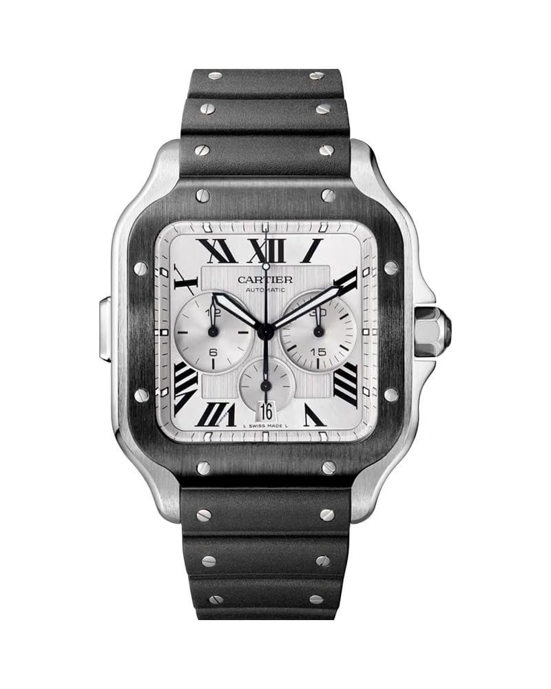 CARTIER SANTOS DE CARTIER, XL, CHRONOGRAPH, STEEL AND ADLC, INTERCHANGEABLE RUBBER AND LEATHER BRACELETS