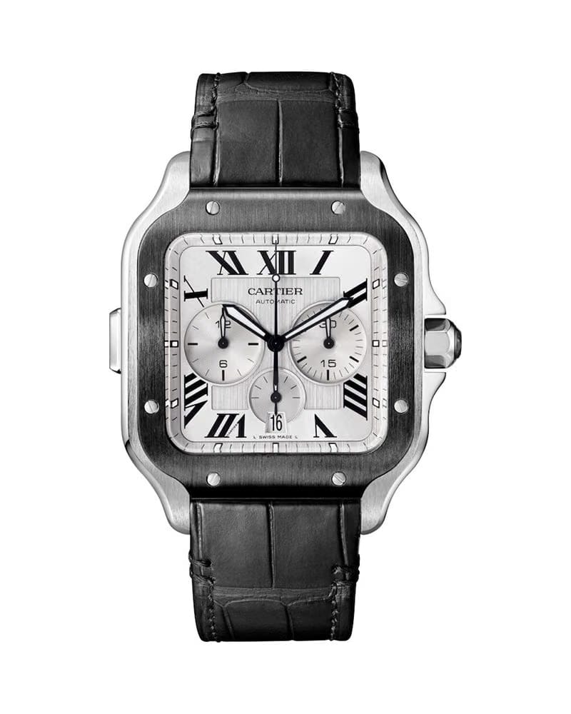 CARTIER SANTOS DE CARTIER, XL, CHRONOGRAPH, STEEL AND ADLC, INTERCHANGEABLE RUBBER AND LEATHER BRACELETS