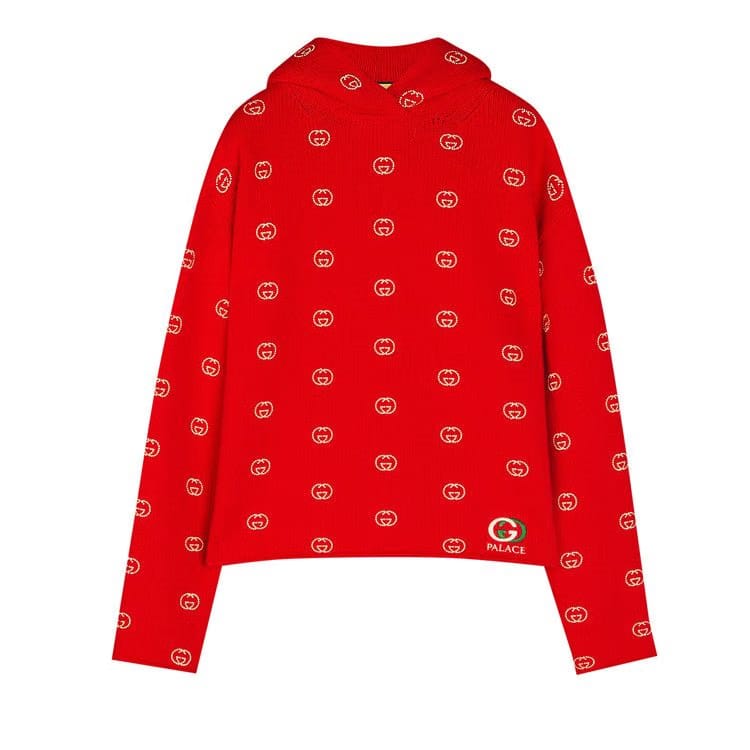 Gucci x Palace Wool Knit Strawberry Hoodie With Studs And Crochet Detail Red