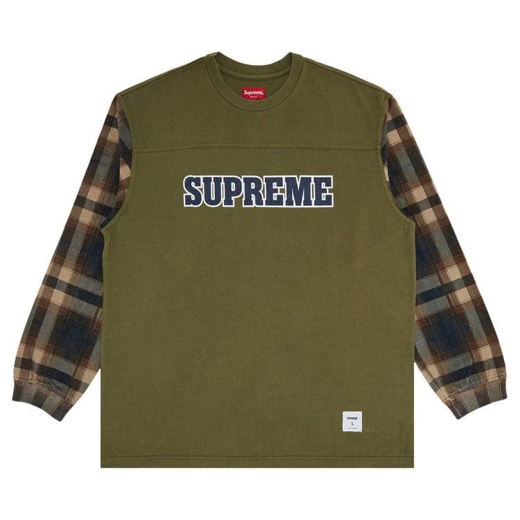 Supreme Plaid Sleeve Long-Sleeve Top Light Olive