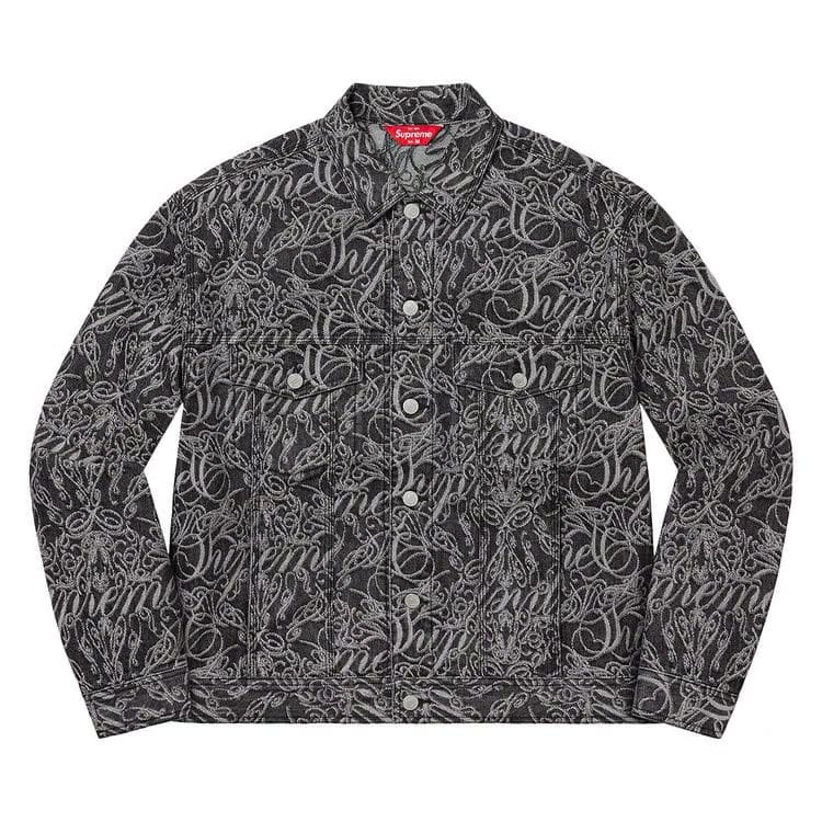 Supreme Script Jacquard Denim Trucker Jacket Washed Black