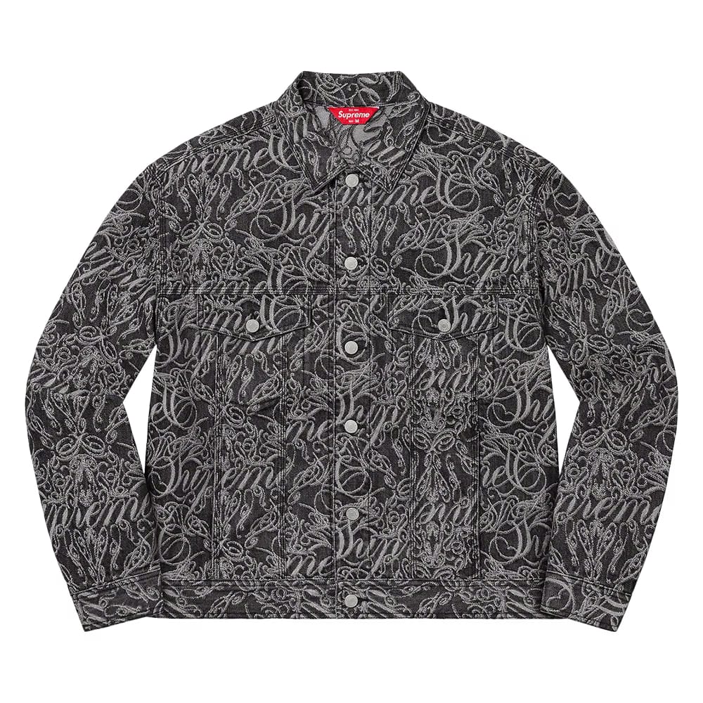 Supreme Script Jacquard Denim Trucker Jacket Washed Black