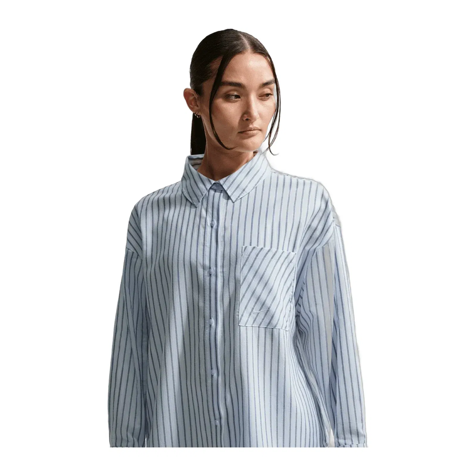 NIKE SPORTSWEAR CHILL POPLIN OVERSIZED WOVEN LONG-SLEEVE STRIPED { MYSTIC NAVY/HYDROGEN BLUE/SUMMIT WHITE