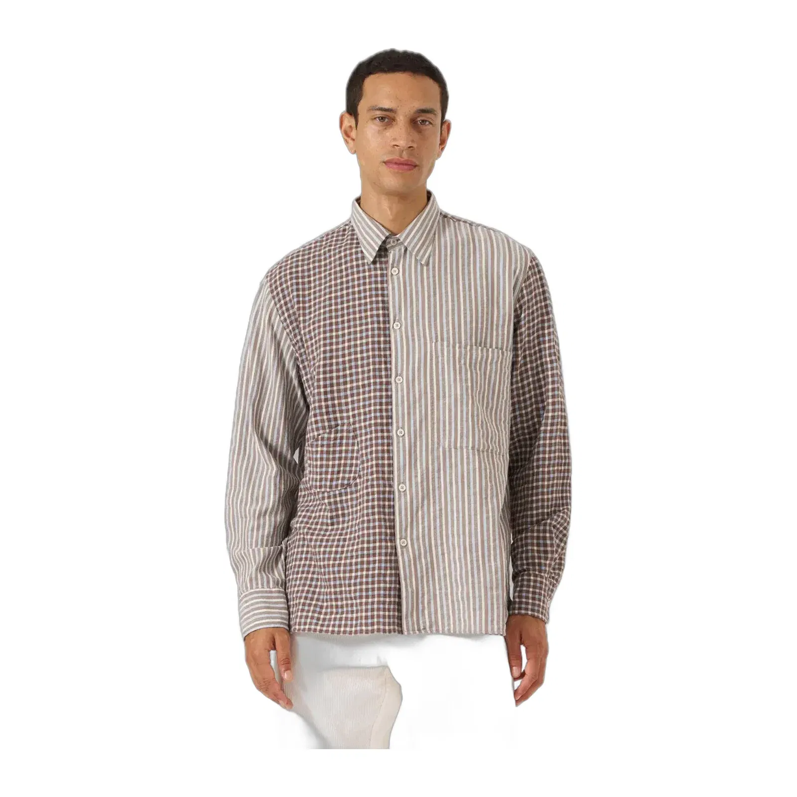 UNIVERSAL WORKS MADISON CHECK/STRIPE STATION SHIRT { BROWN/BEIGE