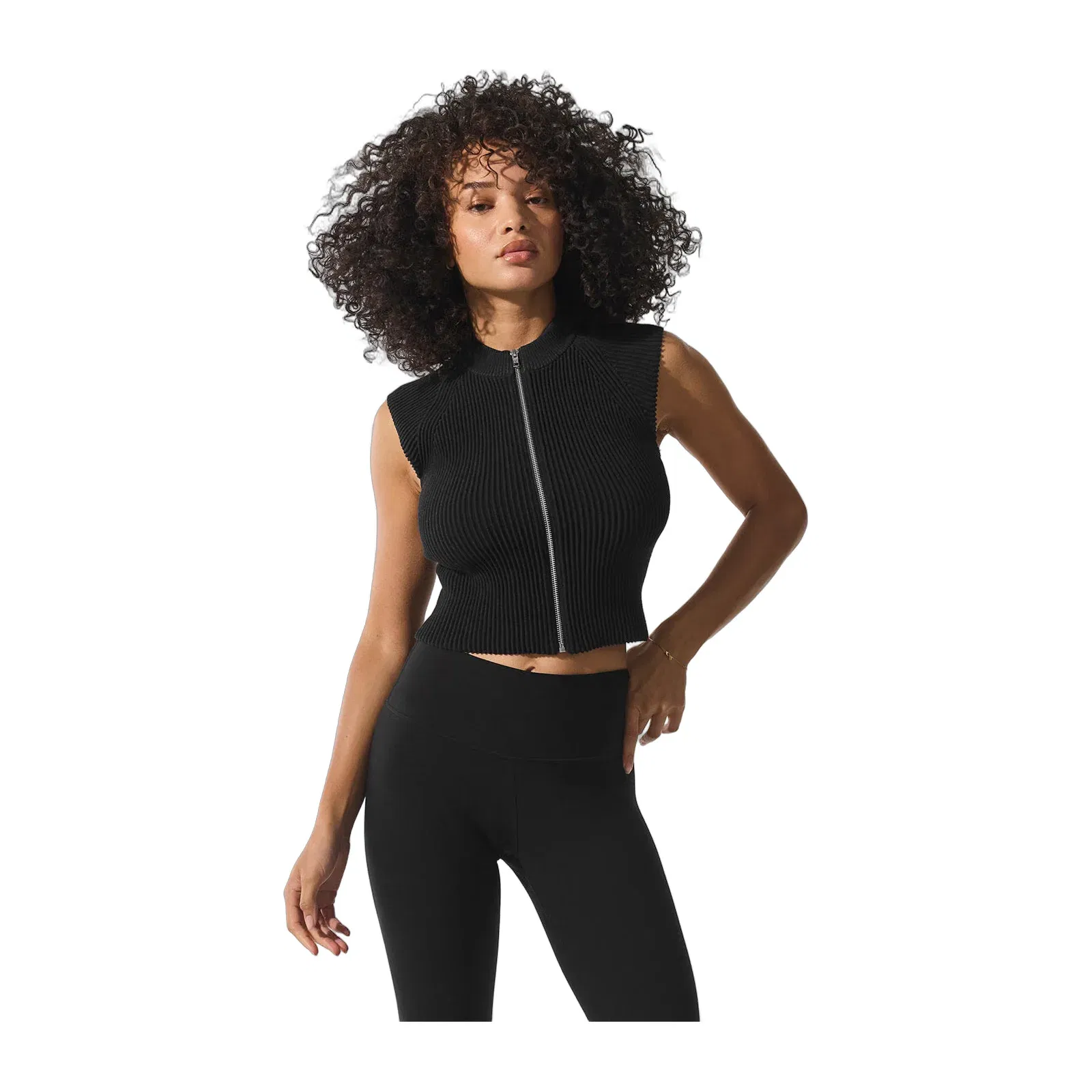 Denim Knit Sleeveless Full Zip Top