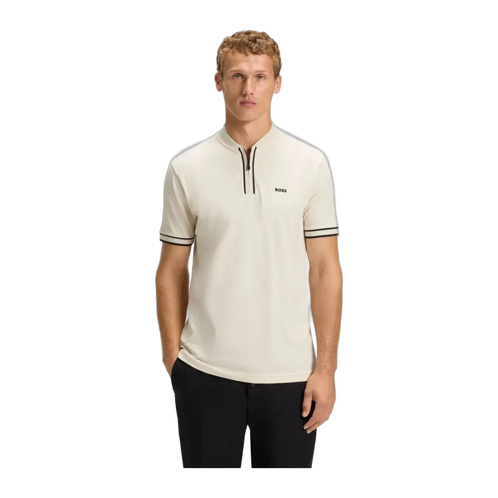 Boss Zip Neck Polo Shirt In Stretch Cotton Piqu White