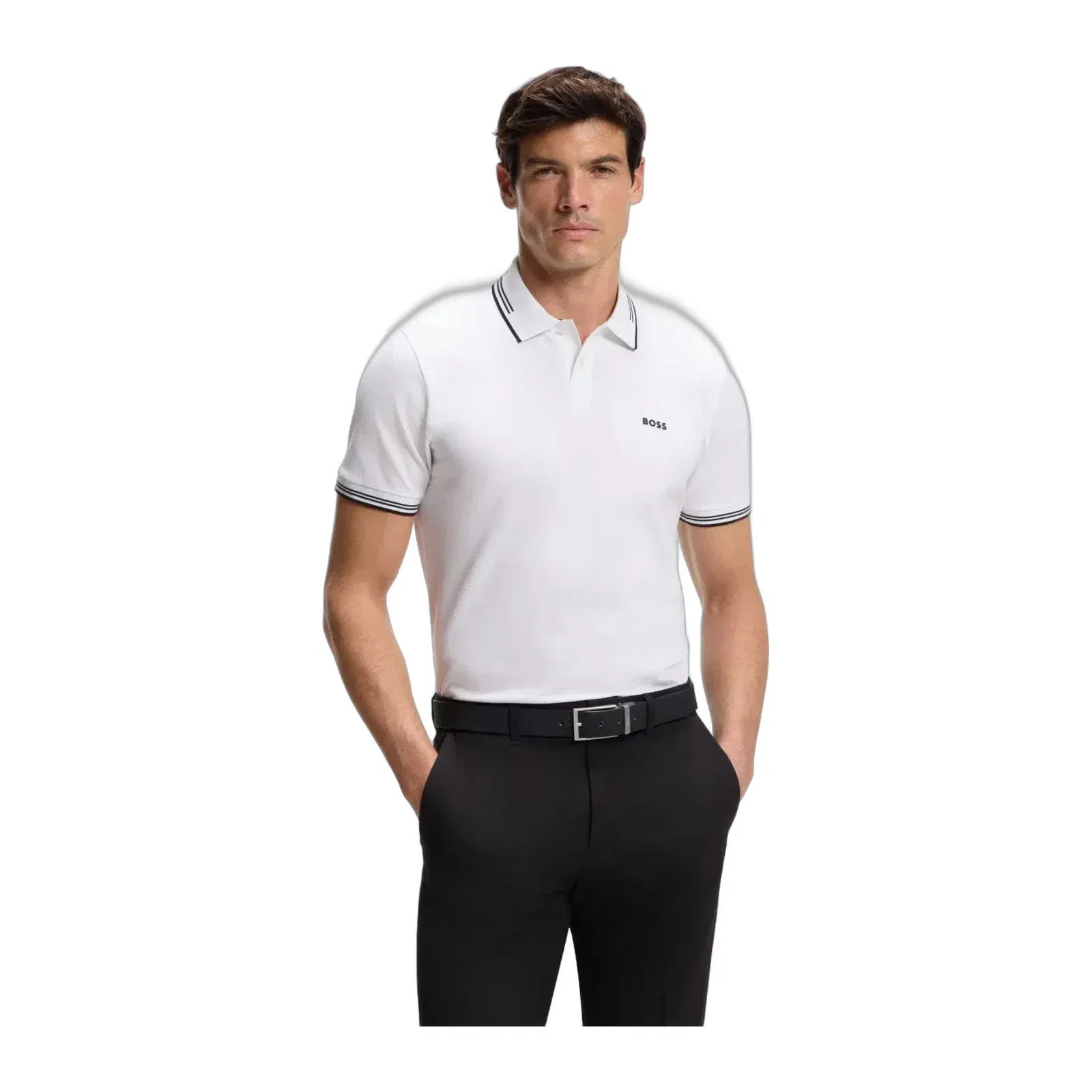 Boss Stretch Cotton Slim Fit Polo Shirt With Branding And Stripes White