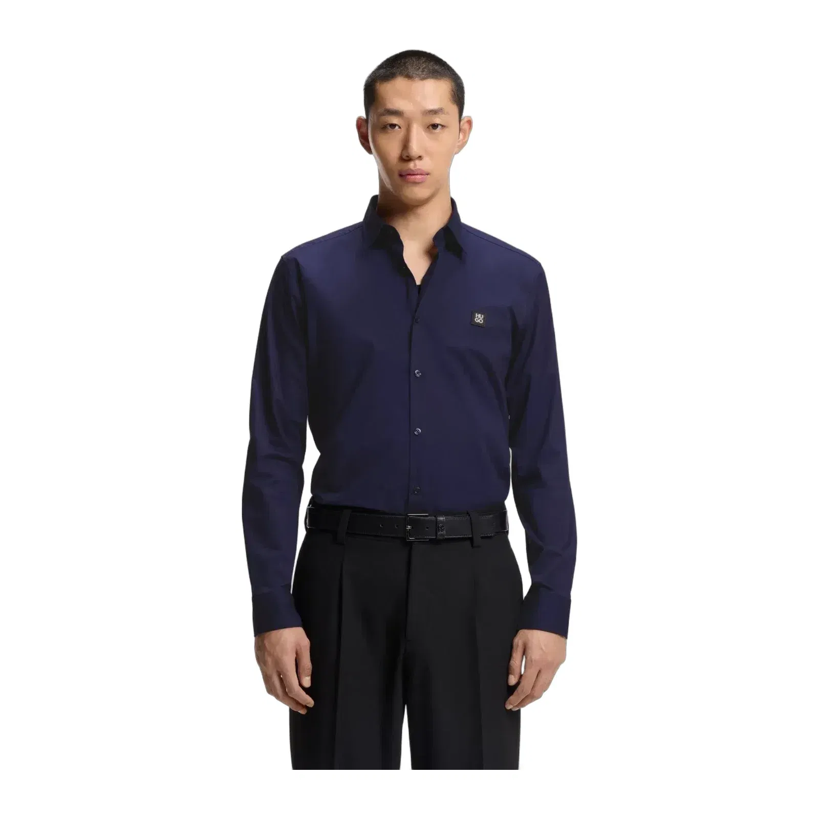 Hugo Slim Fit Shirt In Stretch Cotton Canvas Dark Blue