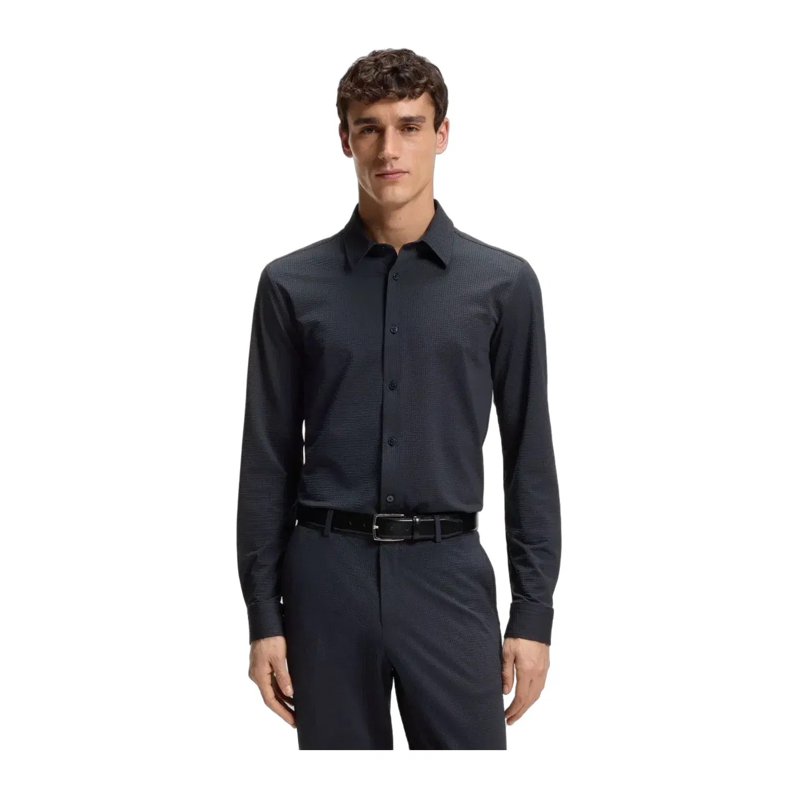 Boss Slim Fit Shirt In Italian Performance Stretch Seersucker Dark Blue