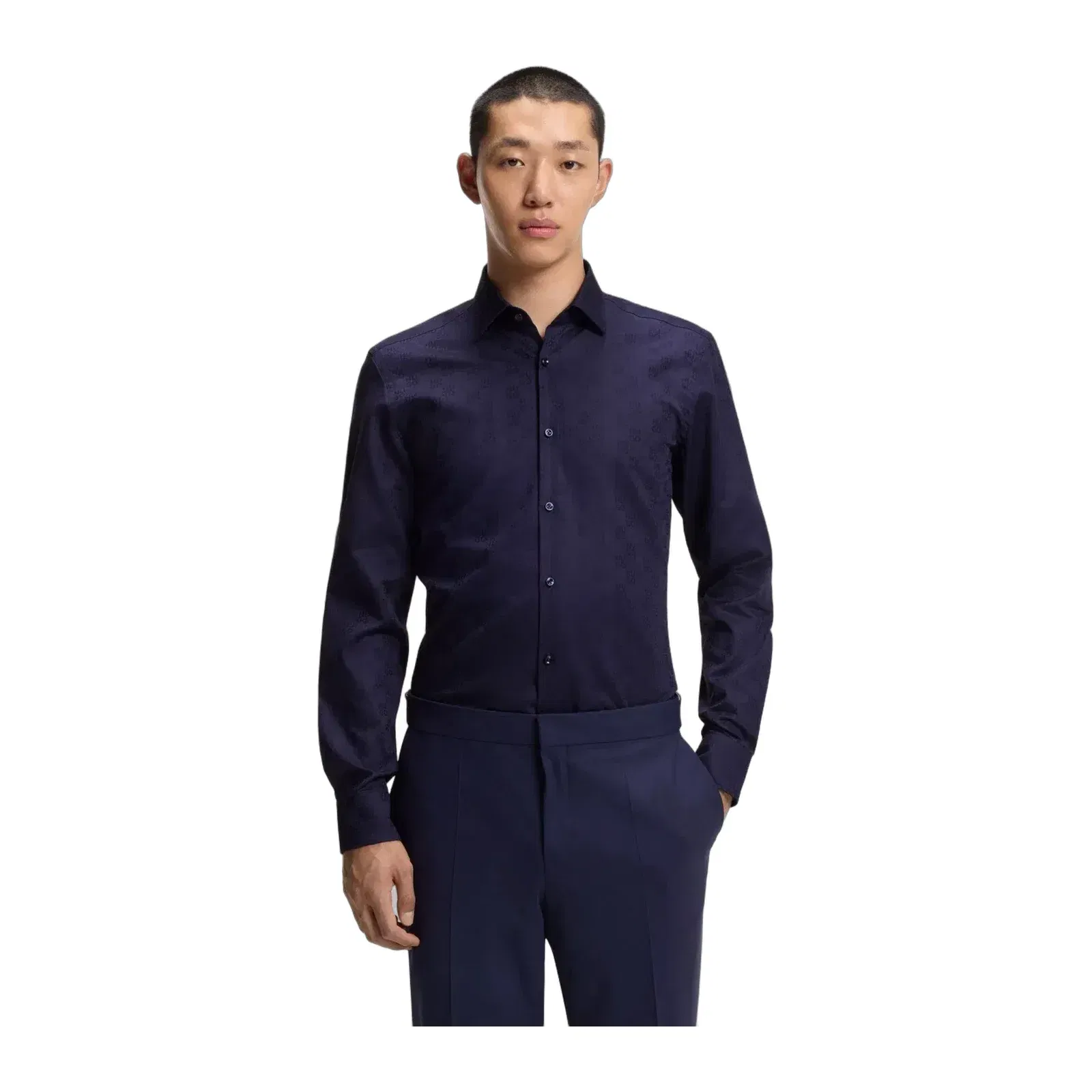 Hugo Slim Fit Shirt In Cotton With A Stacked Logo Jacquard Dark Blue