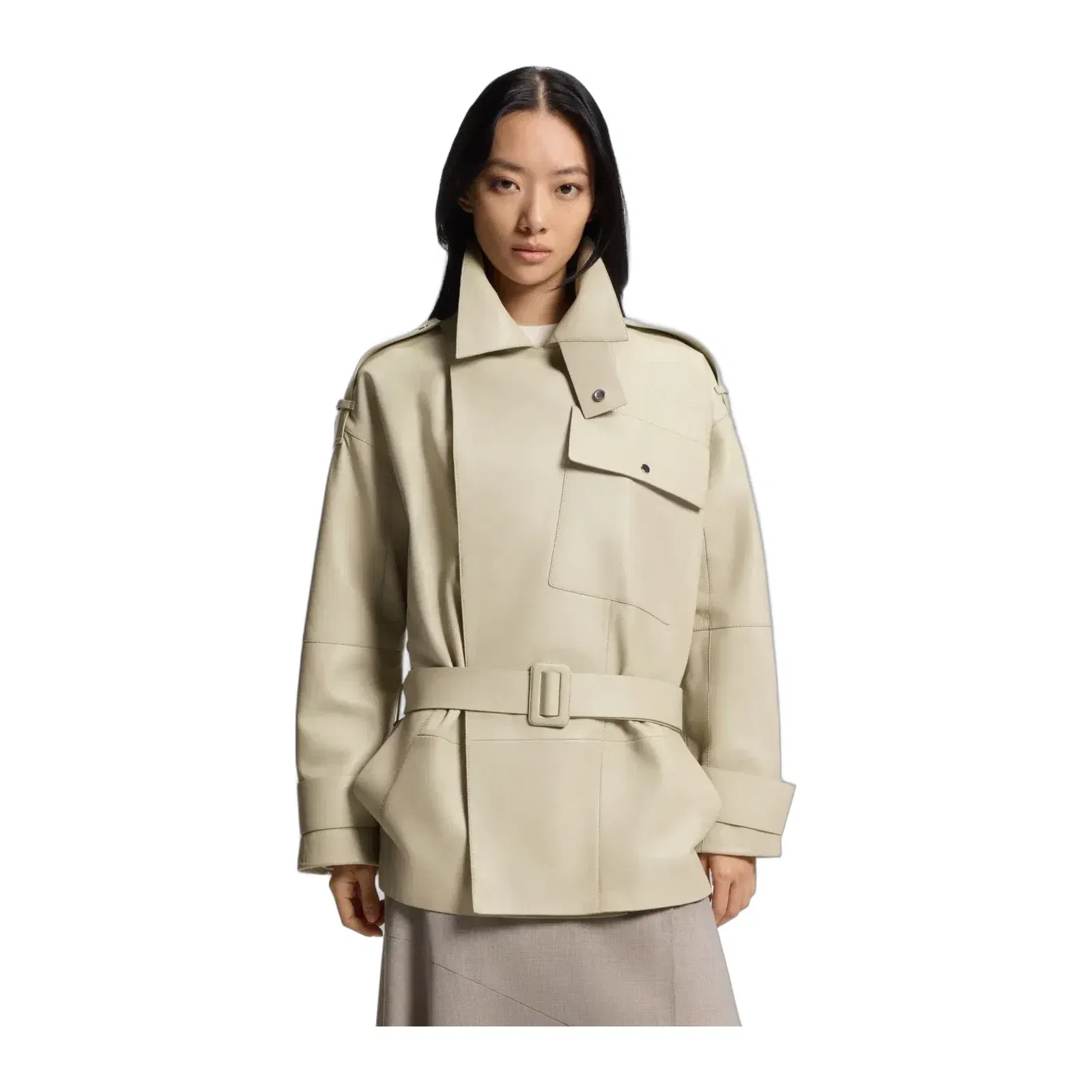 Boss Short Trench Coat In Leather Light Beige Women's