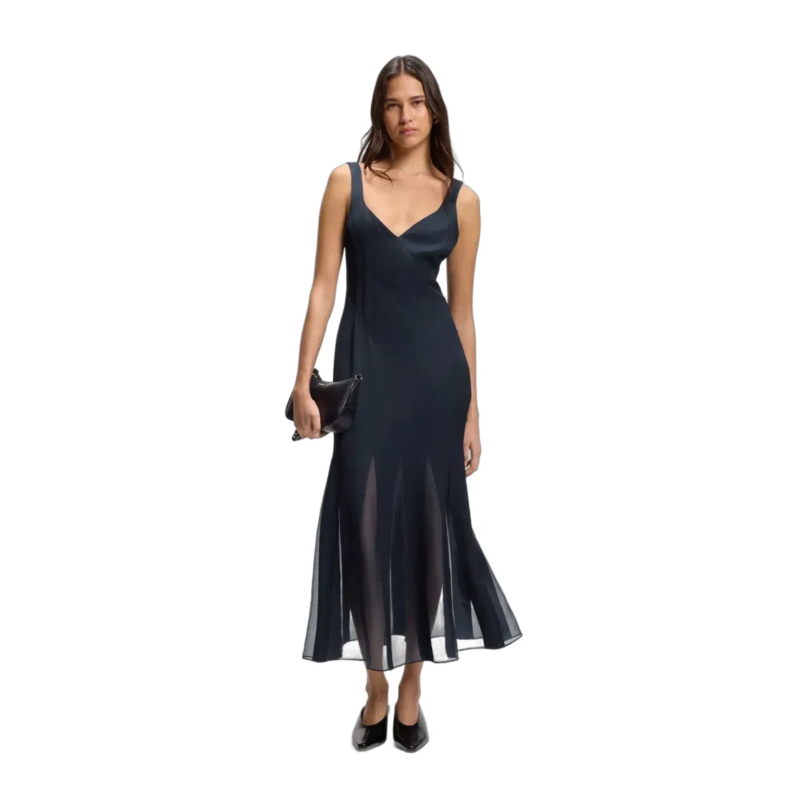 Boss Satin Slip Dress With Organza Inserts Dark Blue Women's