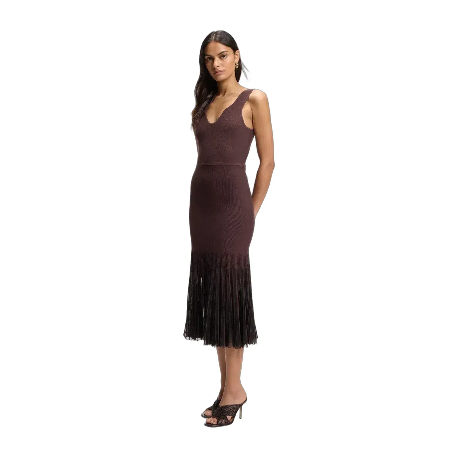 Boss Rib Knit Dress With Sheer Pleating Dark Brown Women's