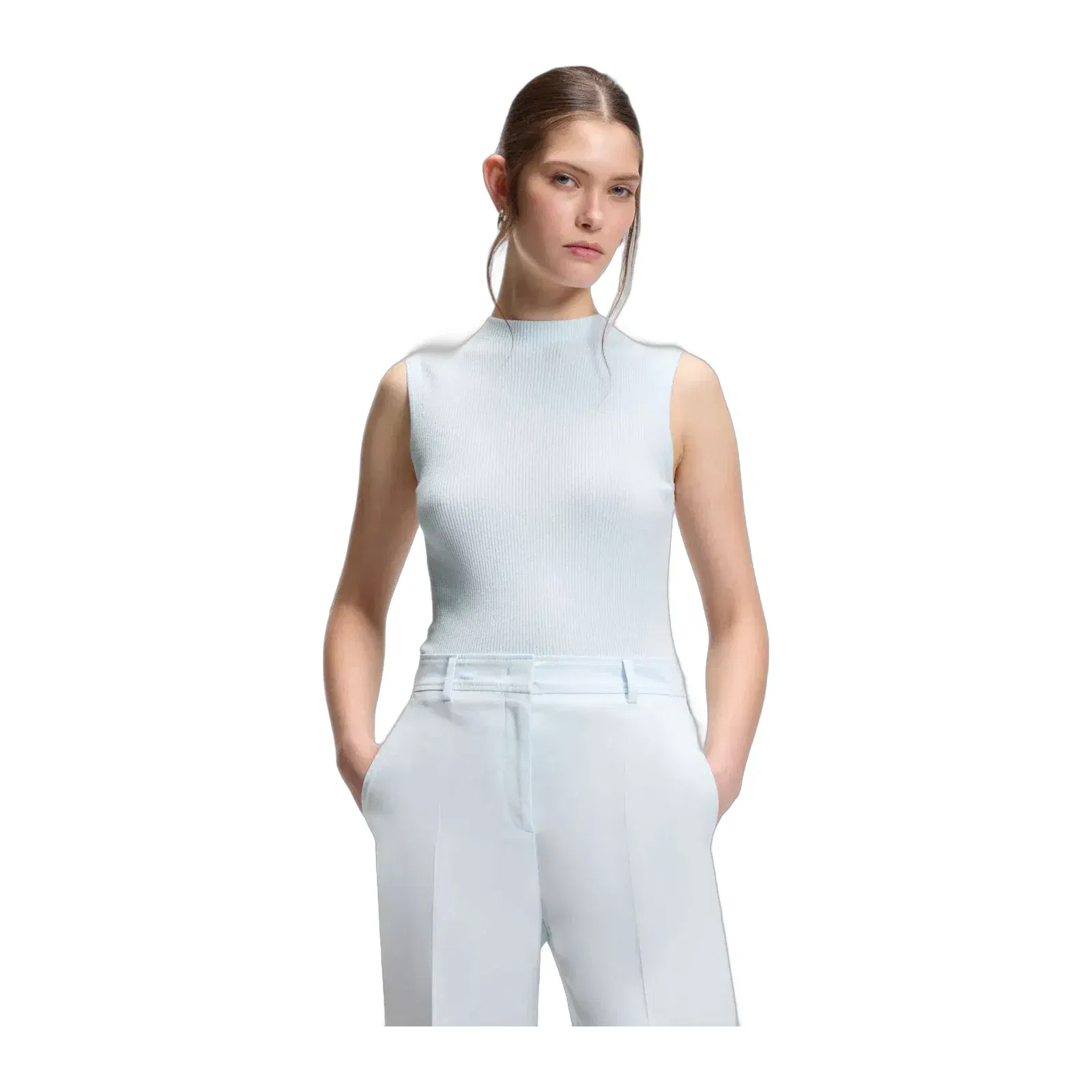 Boss Ribbed Top With Mock Neckline Light Blue Women's