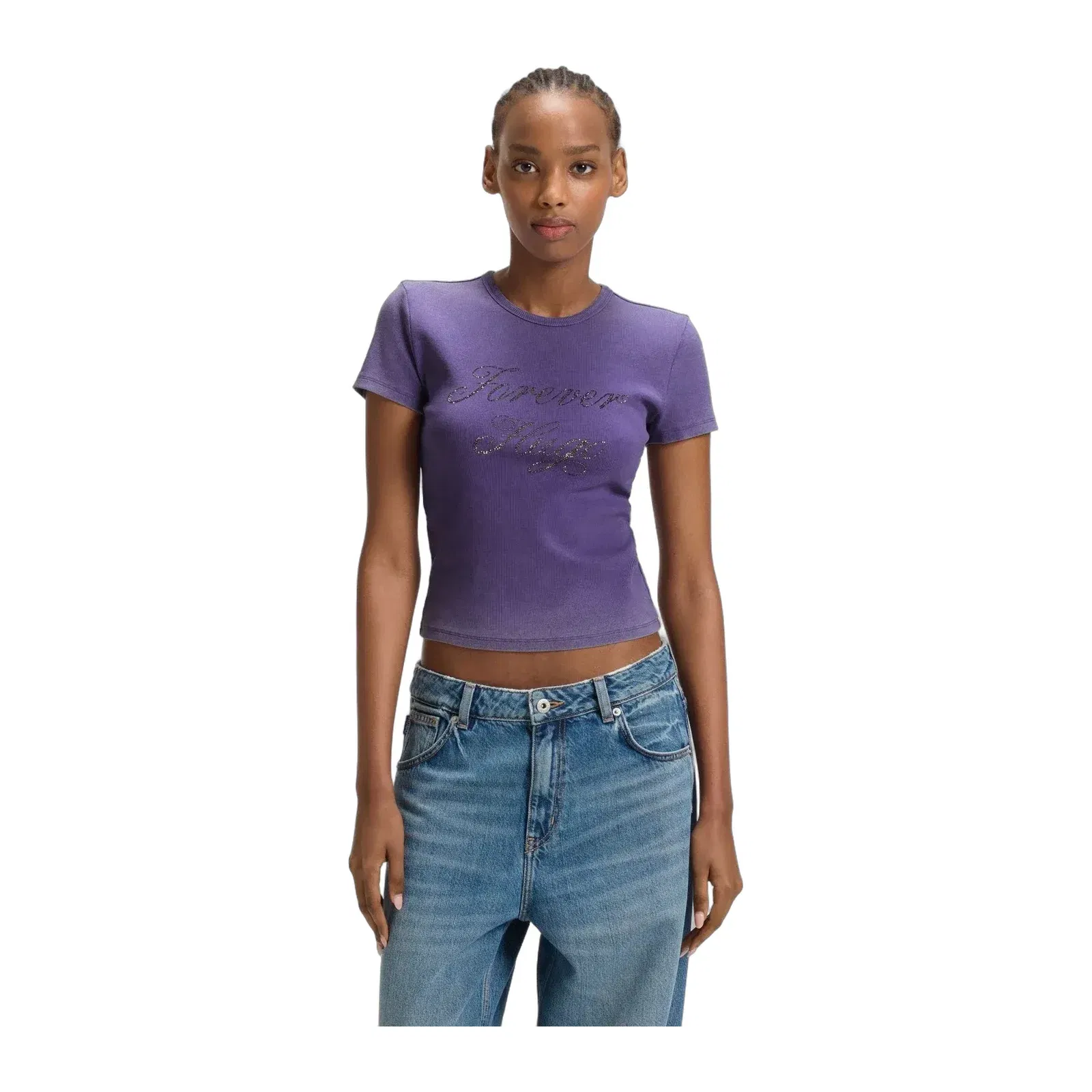 Hugo Rhinestone Logo Slim Fit T-Shirt In Stretch Cotton Purple Women's