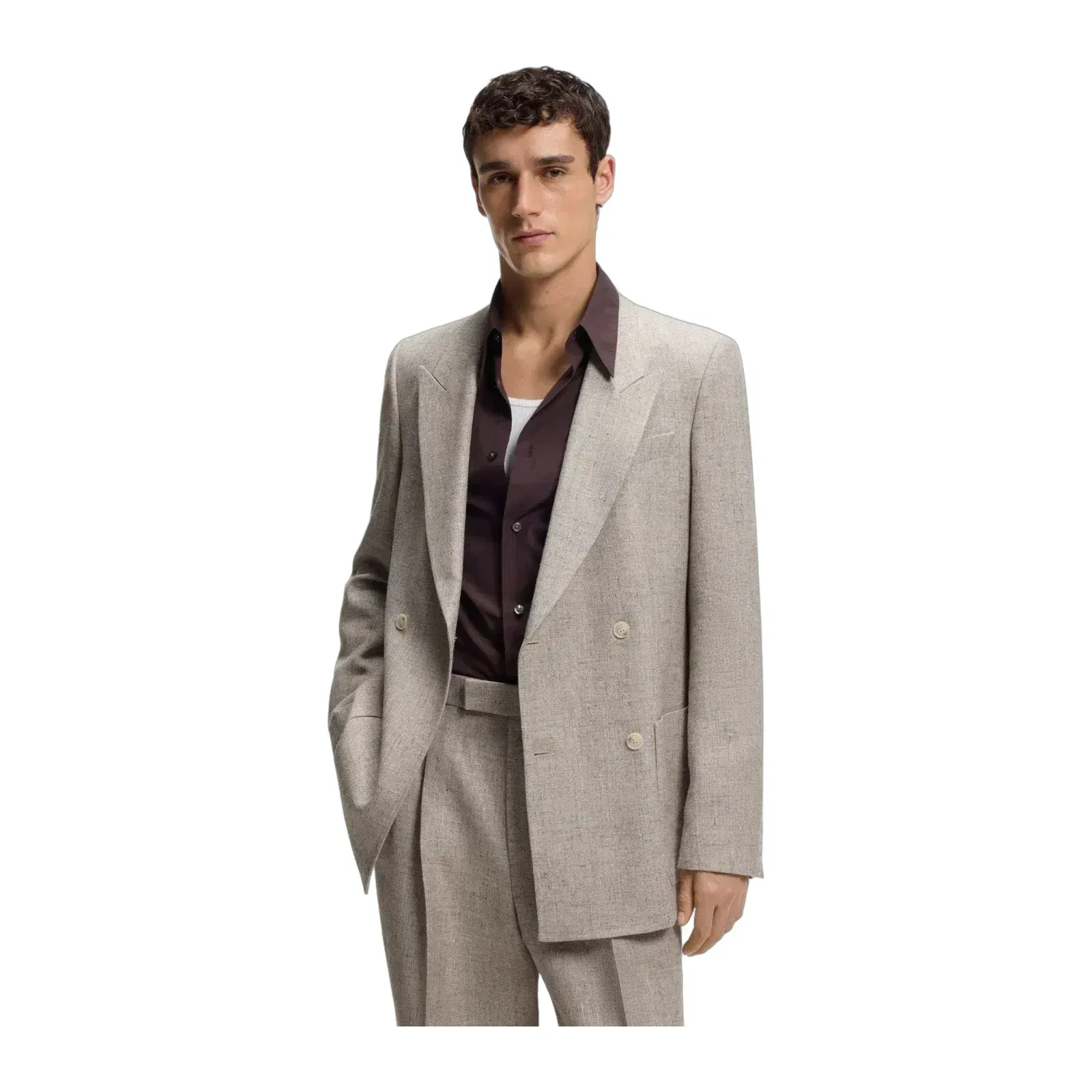 Boss Relaxed Fit Double Breasted Blazer With Micro Pattern Light Beige