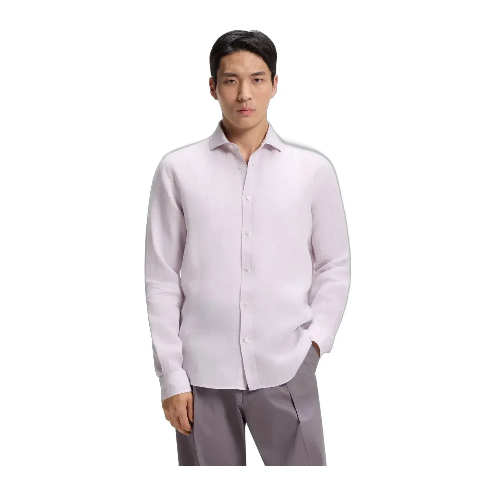 Boss Regular Fit Shirt In Washed Linen Light Purple