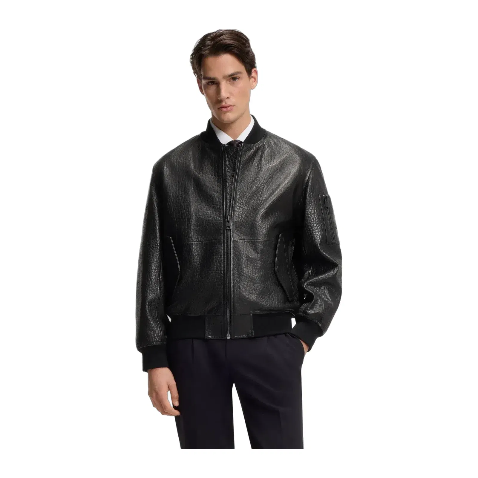 Hugo Patterned Leather Jacket In A Regular Fit Black