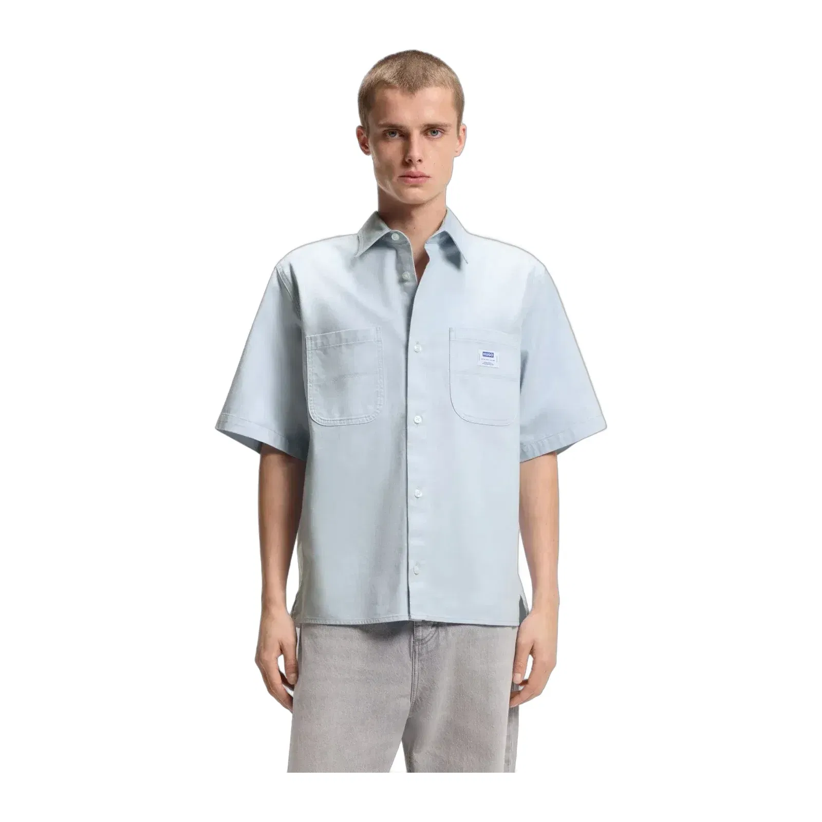 Hugo Oversize Fit Shirt In Slub Cotton With Patch Pockets Light Blue