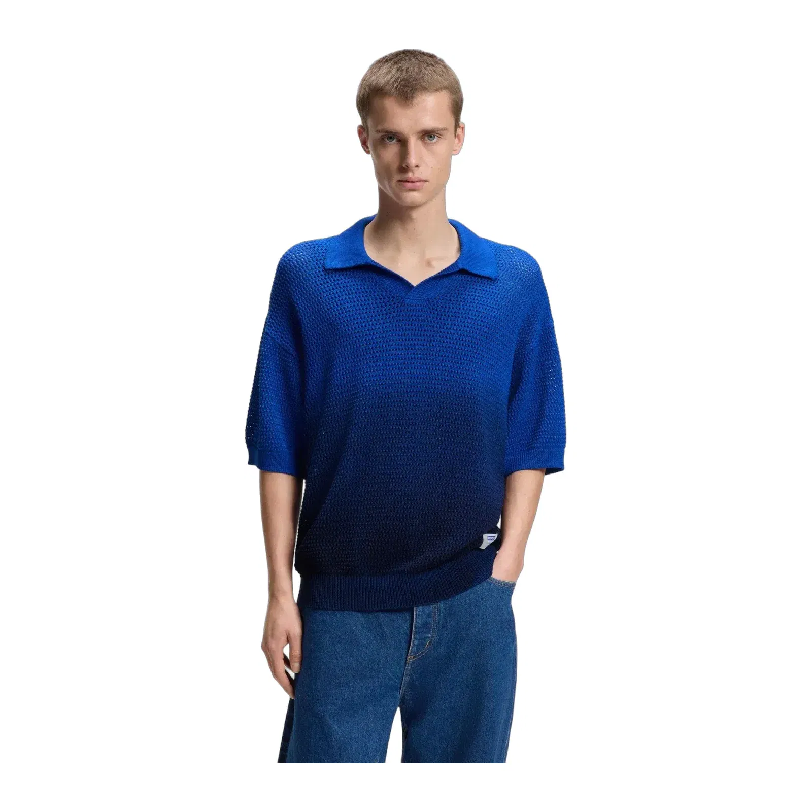 Hugo Knitted Cotton Sweater With Dip Dye Effect Light Blue