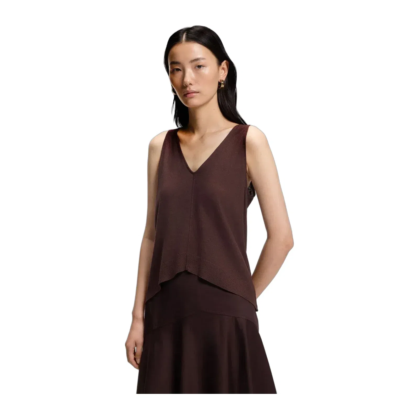 Boss Cotton Linen Top With V Neckline Dark Brown Women's