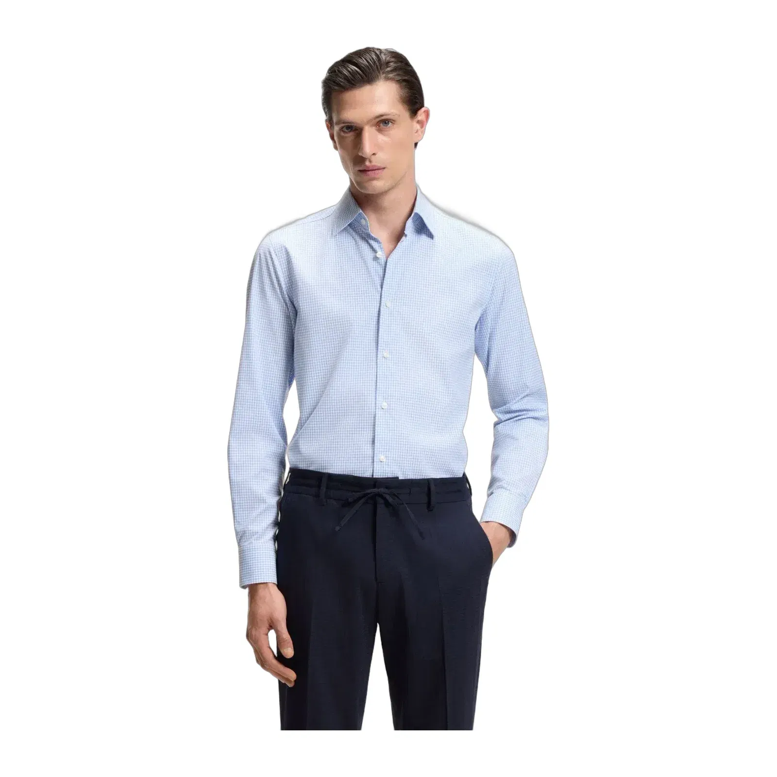 Boss Checked Slim Fit Shirt In Performance Stretch Fabric Light Blue