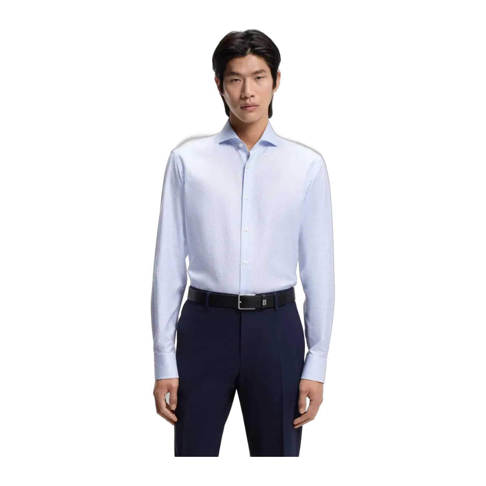 Boss Checked Regular Fit Shirt In Italian Made Cotton Twill Light Blue
