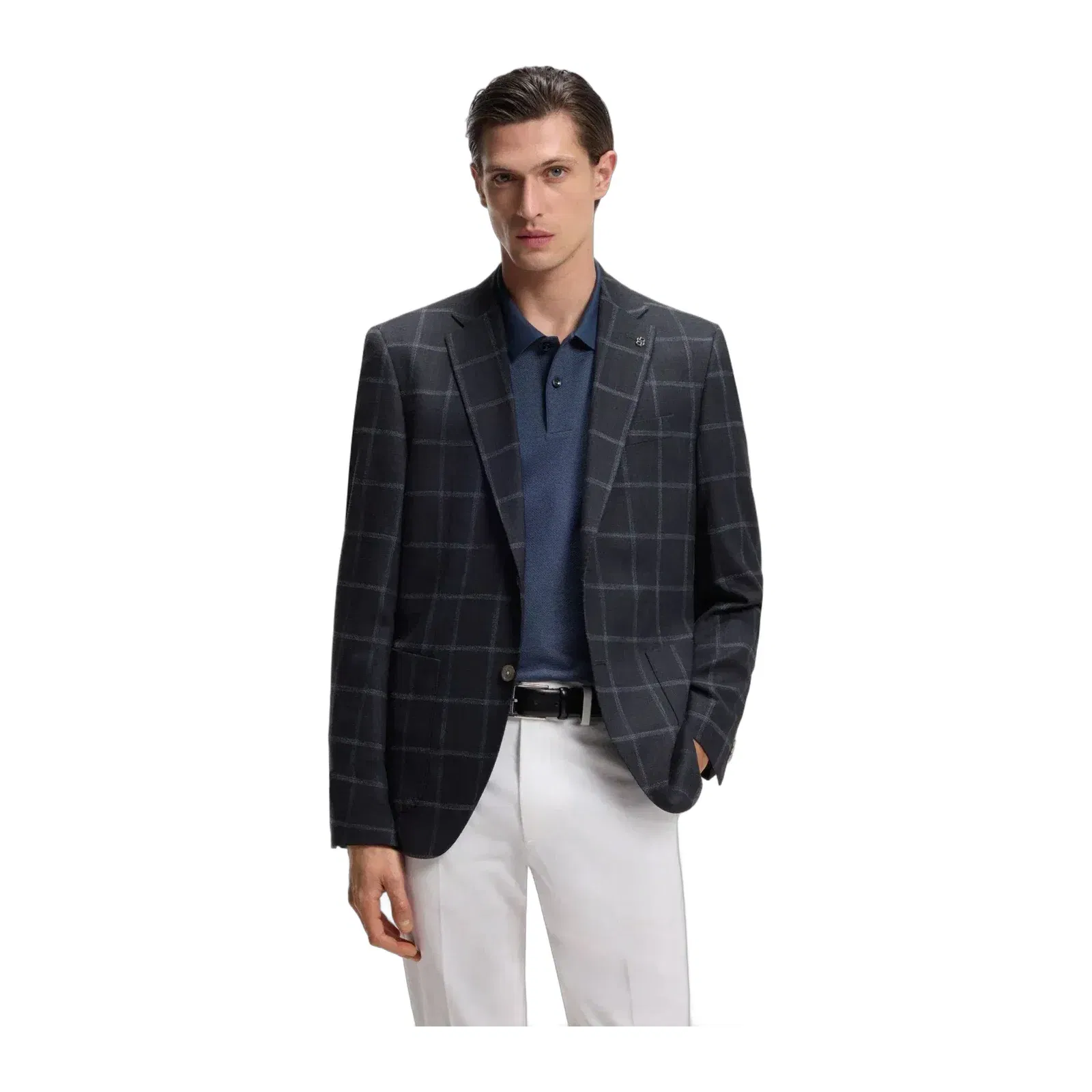 Boss Checked Regular Fit Jacket In Comfort Stretch Cloth Dark Blue