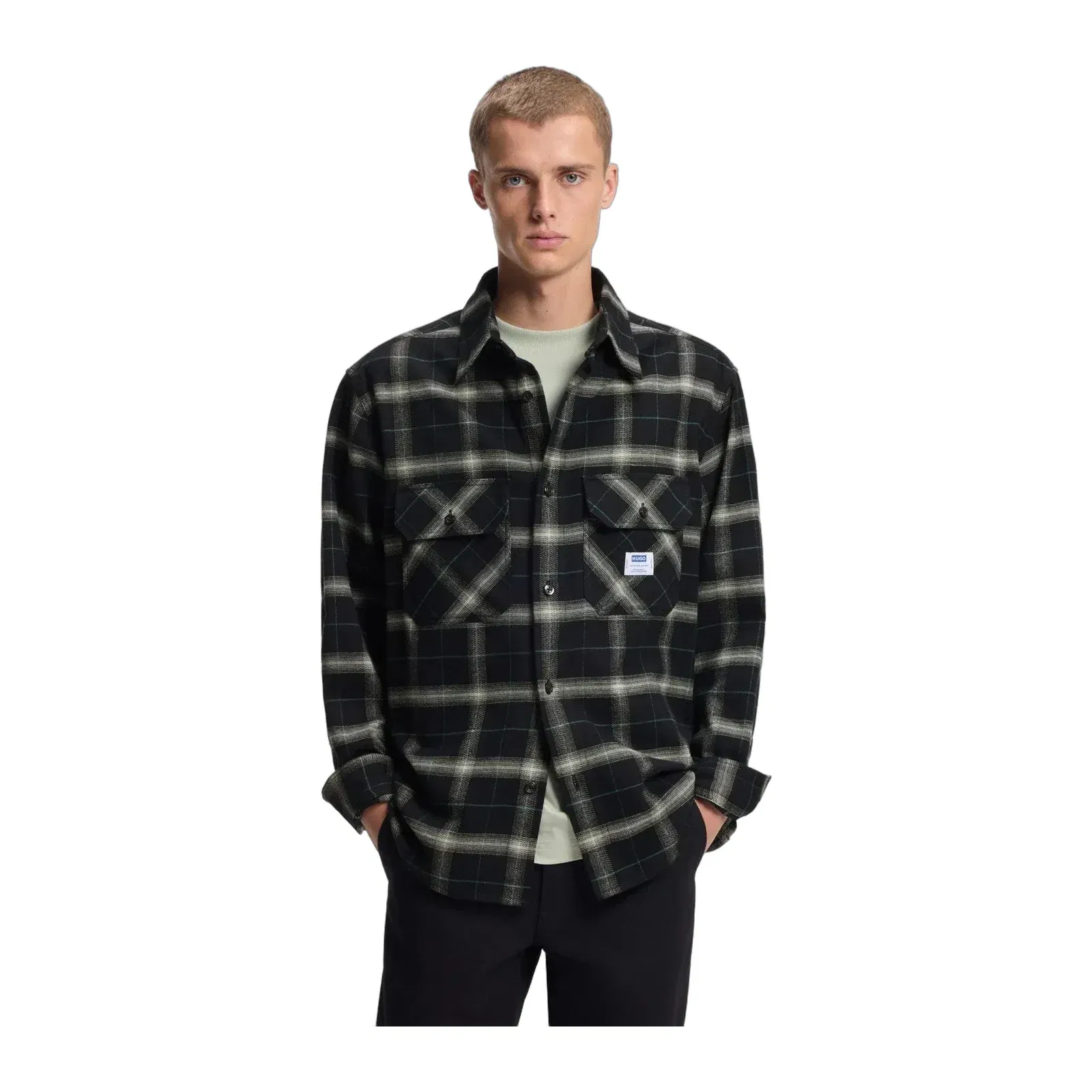 Hugo Checked Oversized Fit Overshirt In Cotton Twill Black