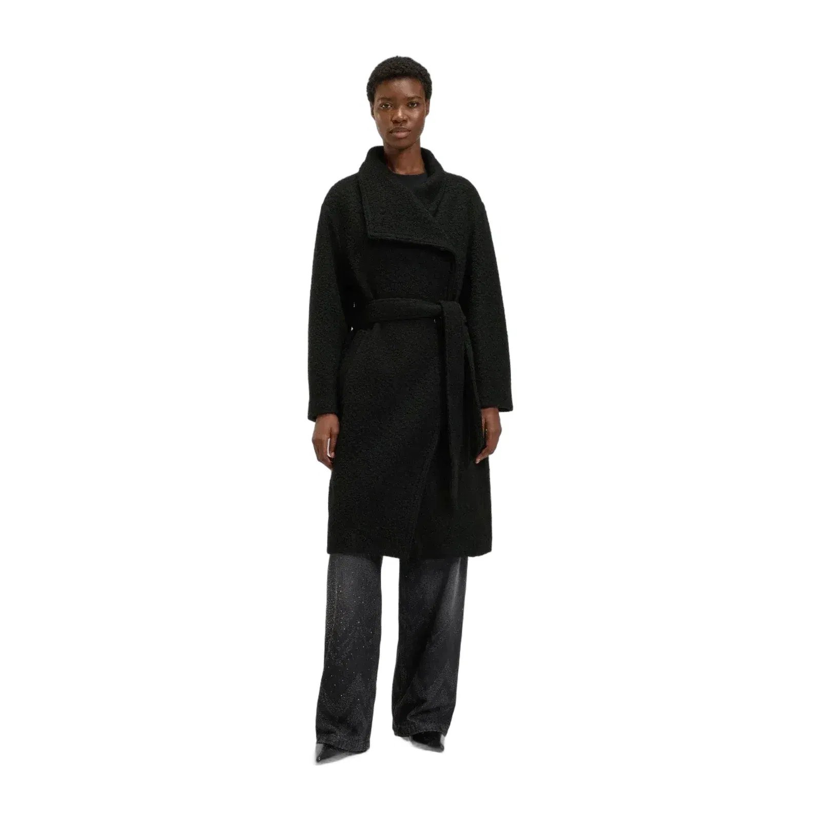 Boss Boucl Coat With Stand Collar And Belt Black Women's