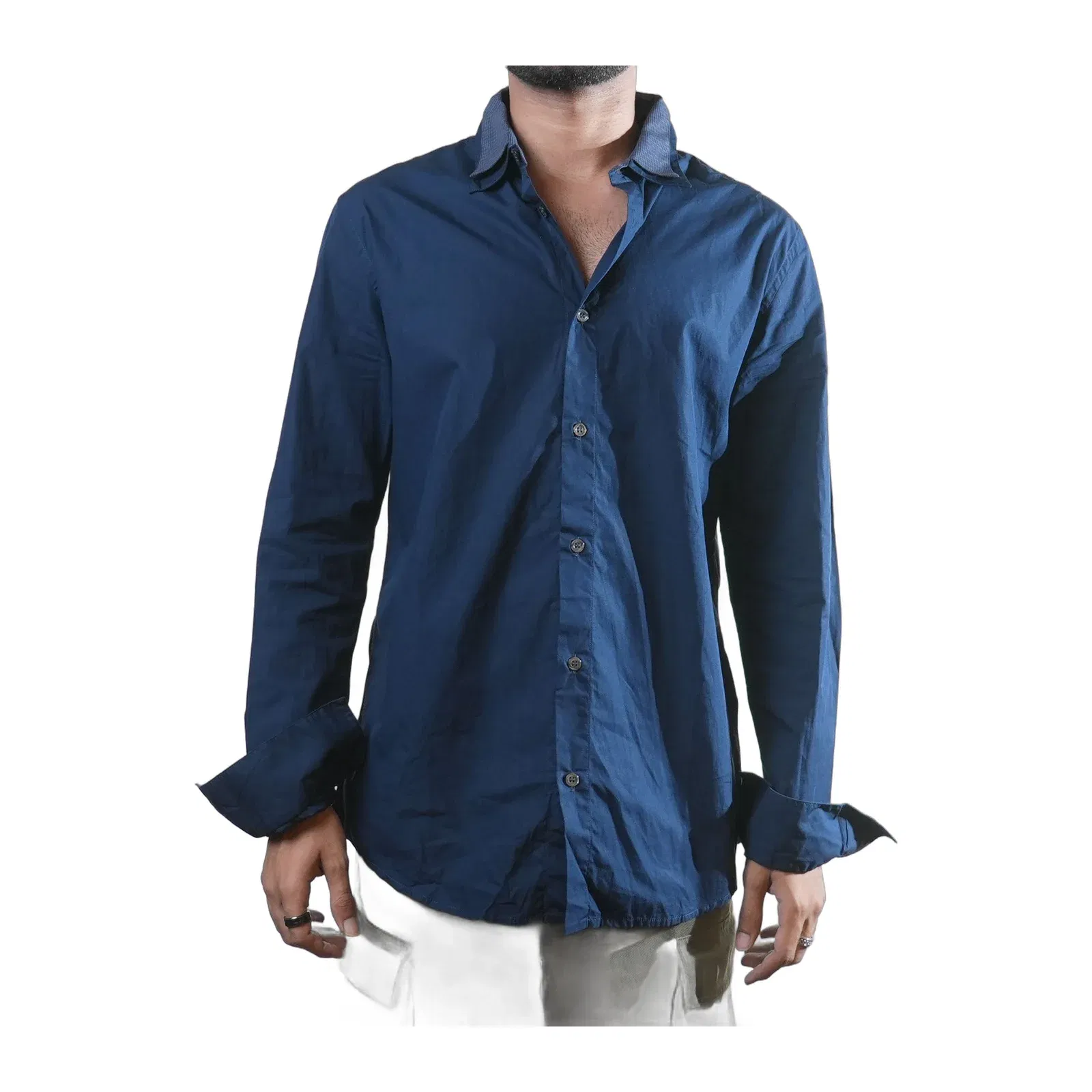 Gf Ferre Double Collared Navy Blue Shirt (S)