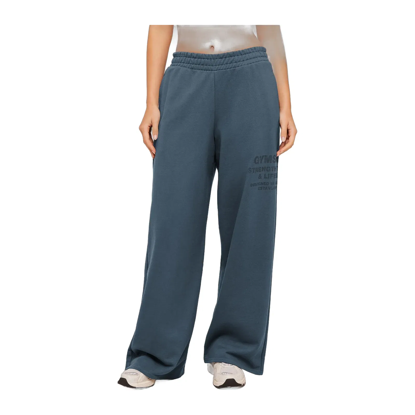 Women's Gymshark Stacked Graphic Wide Leg Joggers Stealth Blue