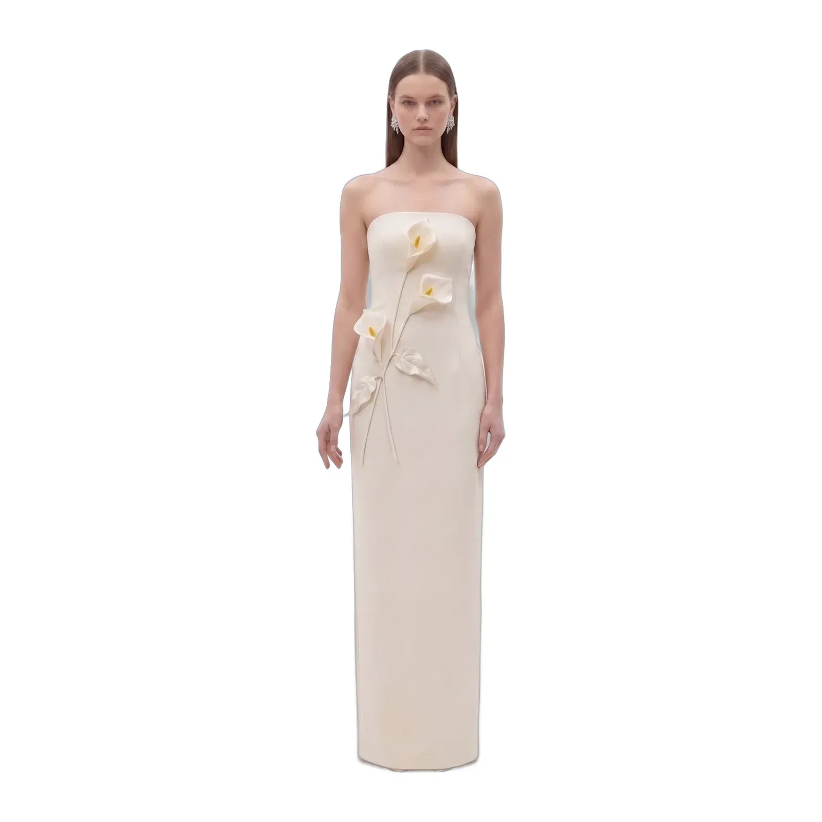 Floral Appliqué Strapless Dress - Coral Pink