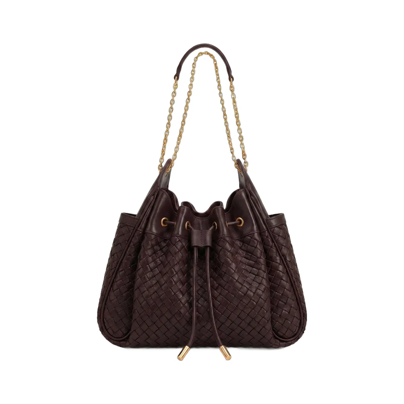Jw Pei Rowan Weaving Ruched Drawstring Chain Bucket Bag Dark Cherry