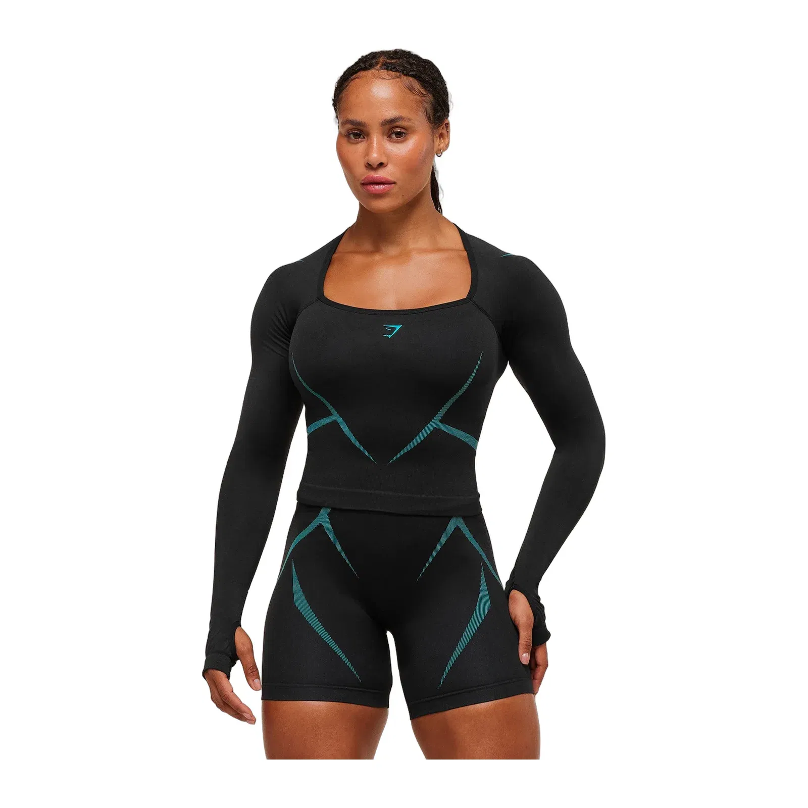 Gymshark Apex Lift Seamless Long Sleeve Crop Top - Black/Brand Blue