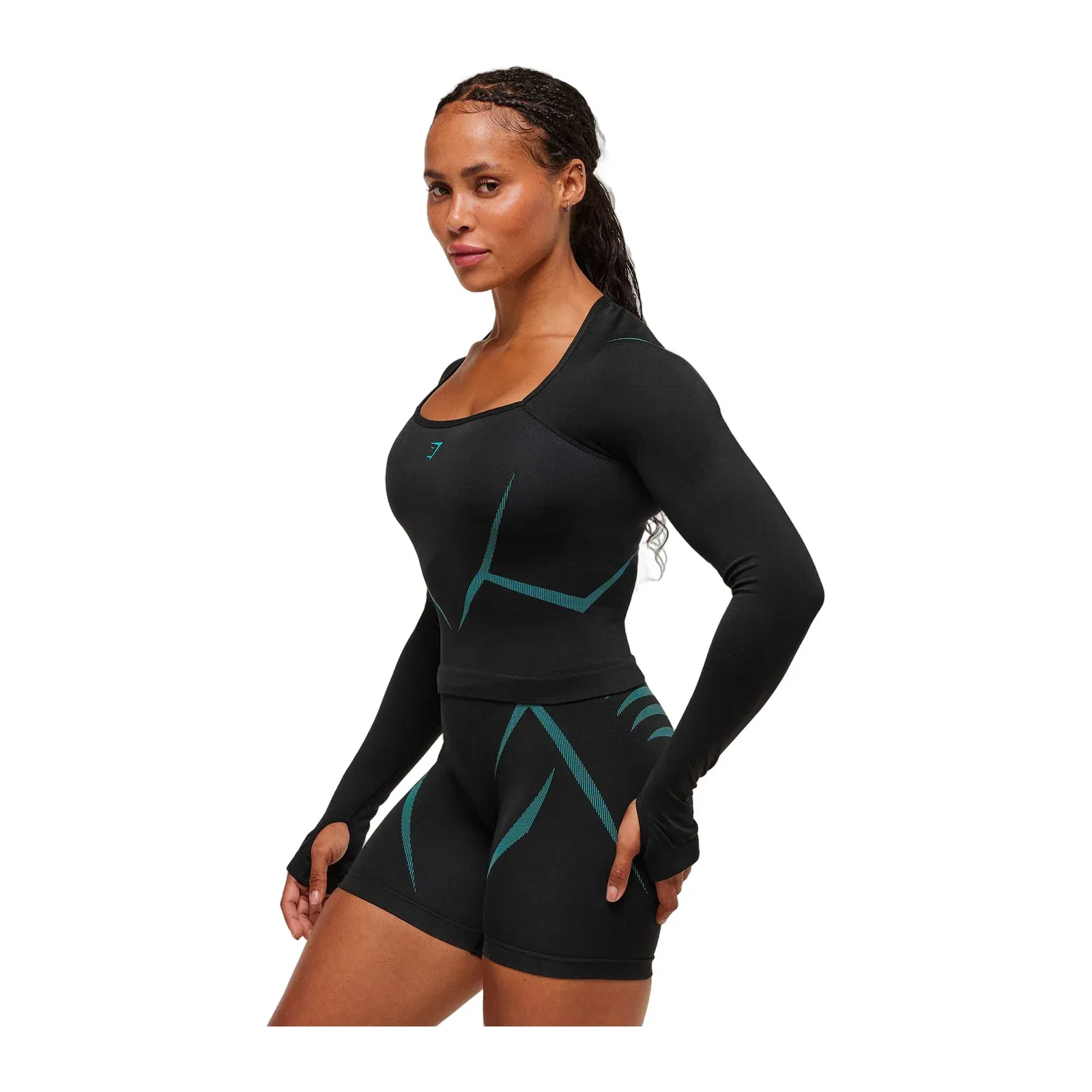 Gymshark Apex Lift Seamless Long Sleeve Crop Top - Black/Brand Blue