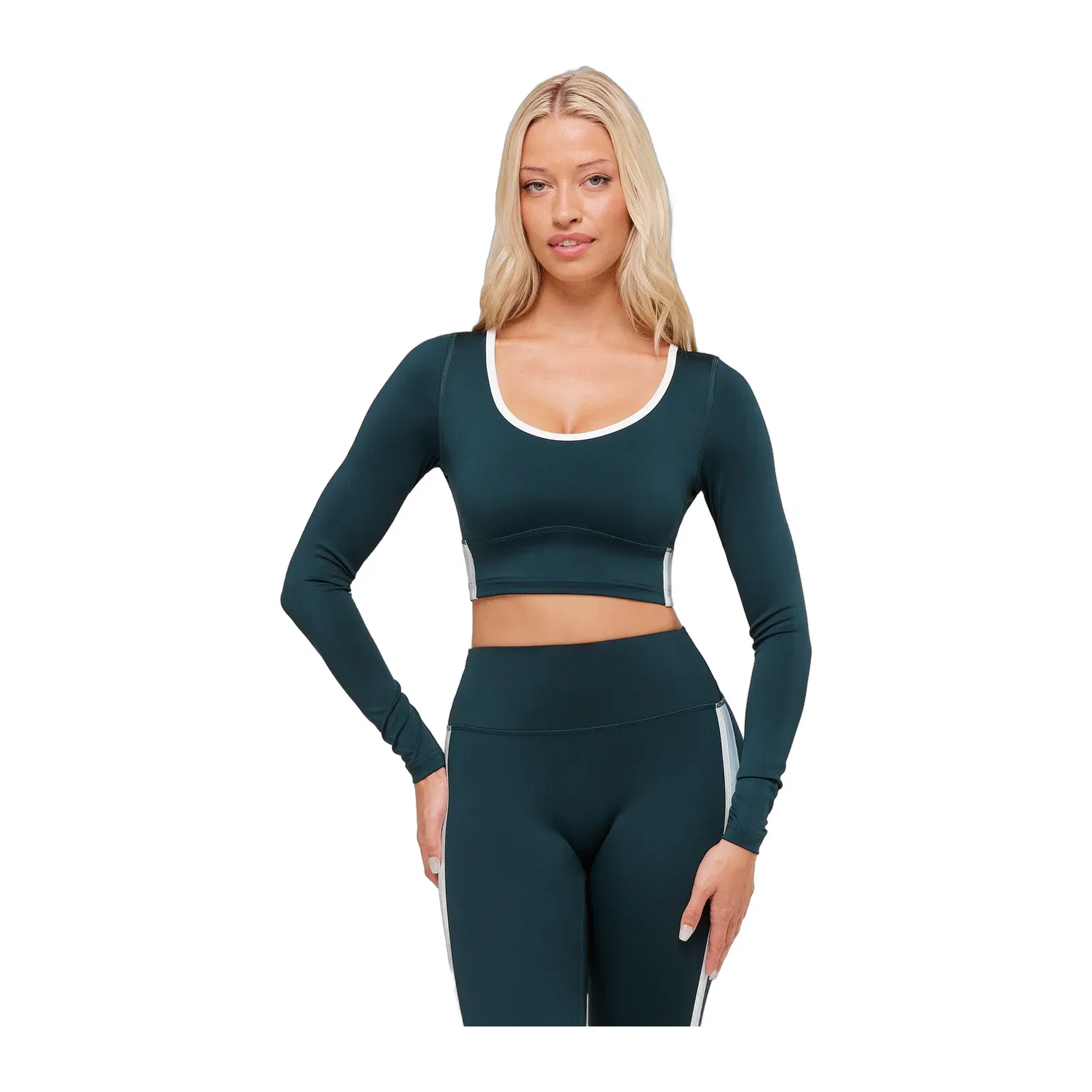 Gymshark Piping Long Sleeve Crop Top - Deep Petrol Blue/Smoke Blue/Soft White