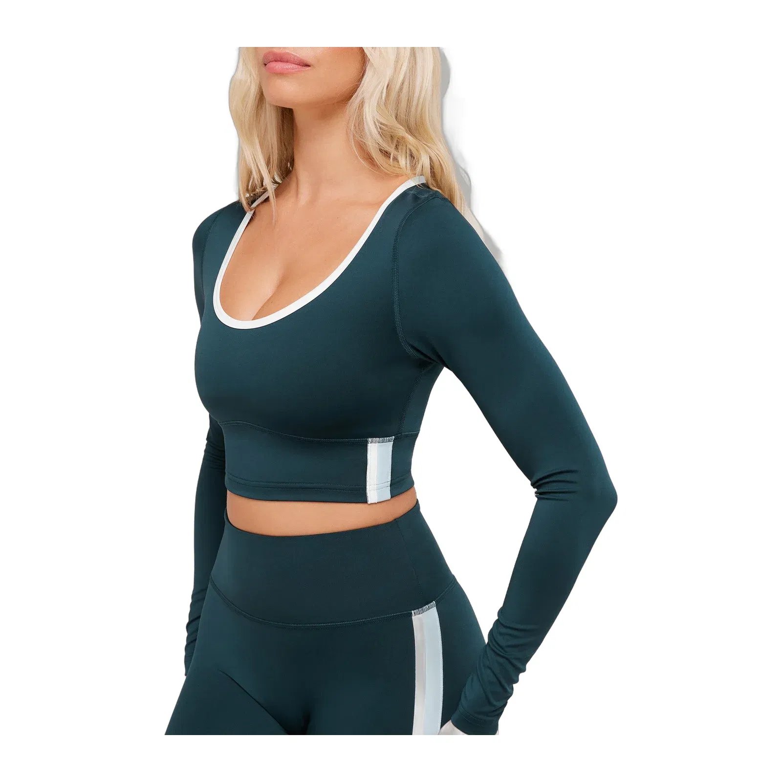 Gymshark Piping Long Sleeve Crop Top - Deep Petrol Blue/Smoke Blue/Soft White