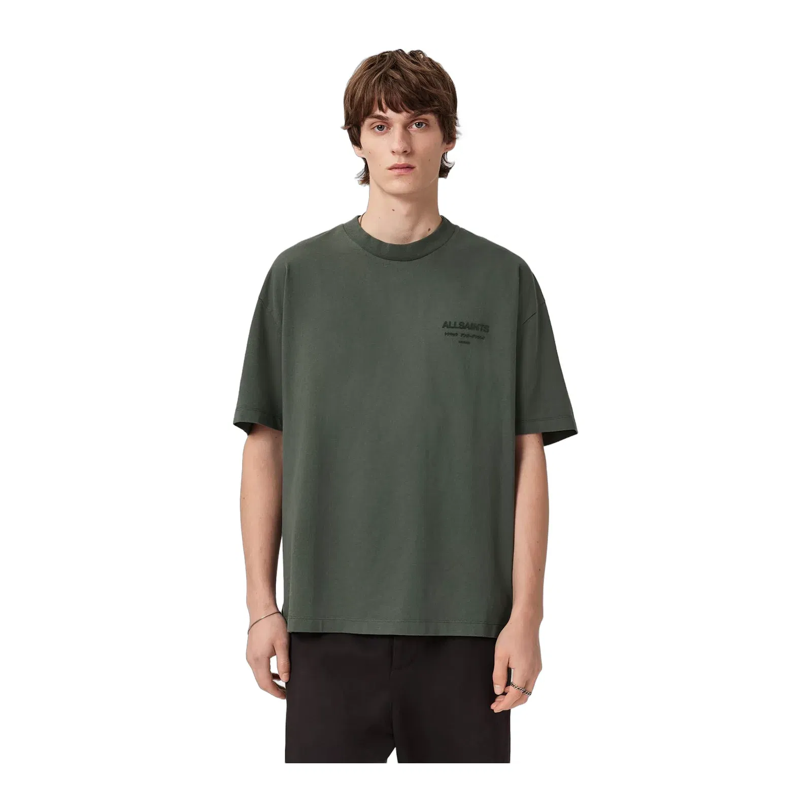 ALL SAINTS Xander Flocked Logo Oversized Garnet Green T-Shirt