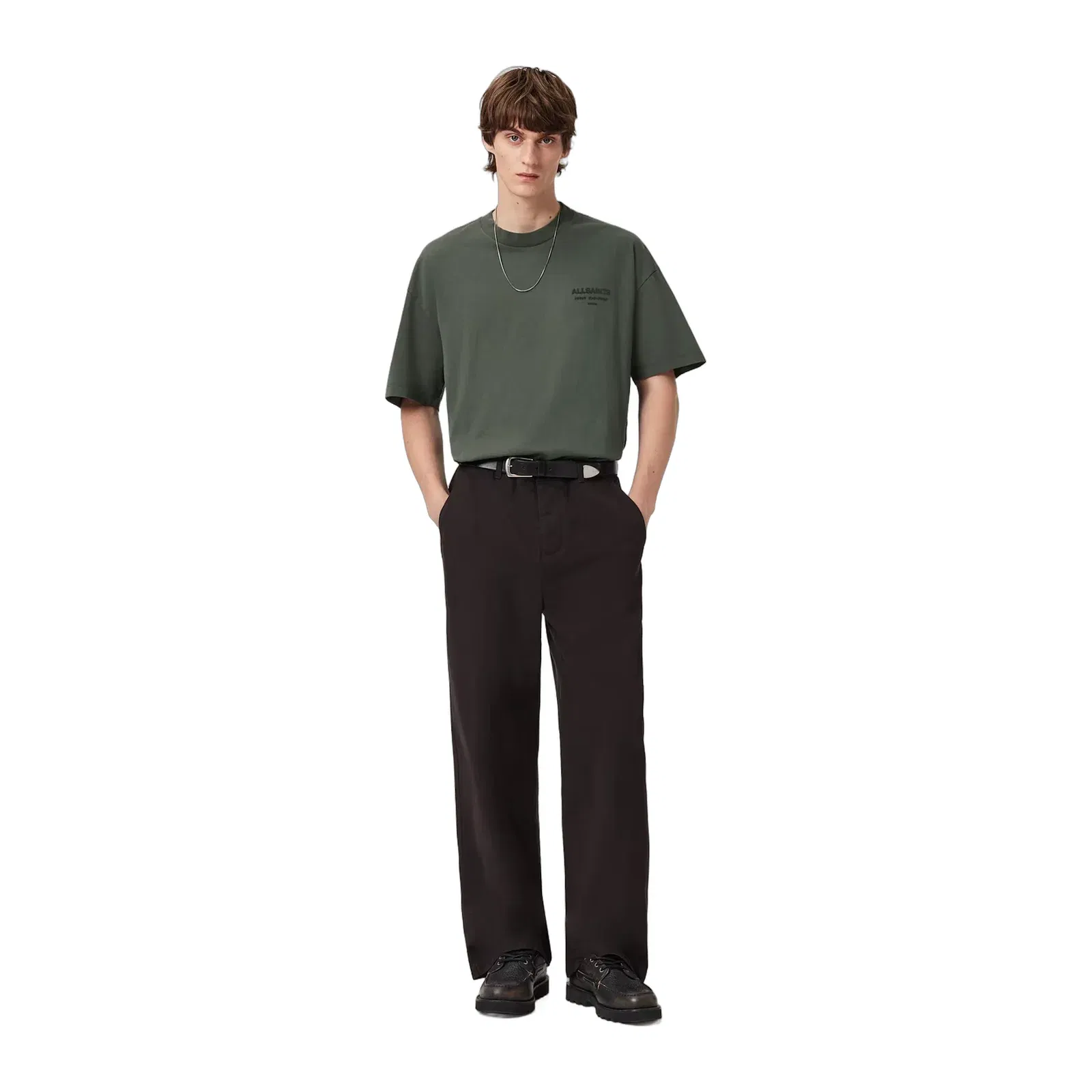 ALL SAINTS Xander Flocked Logo Oversized Garnet Green T-Shirt