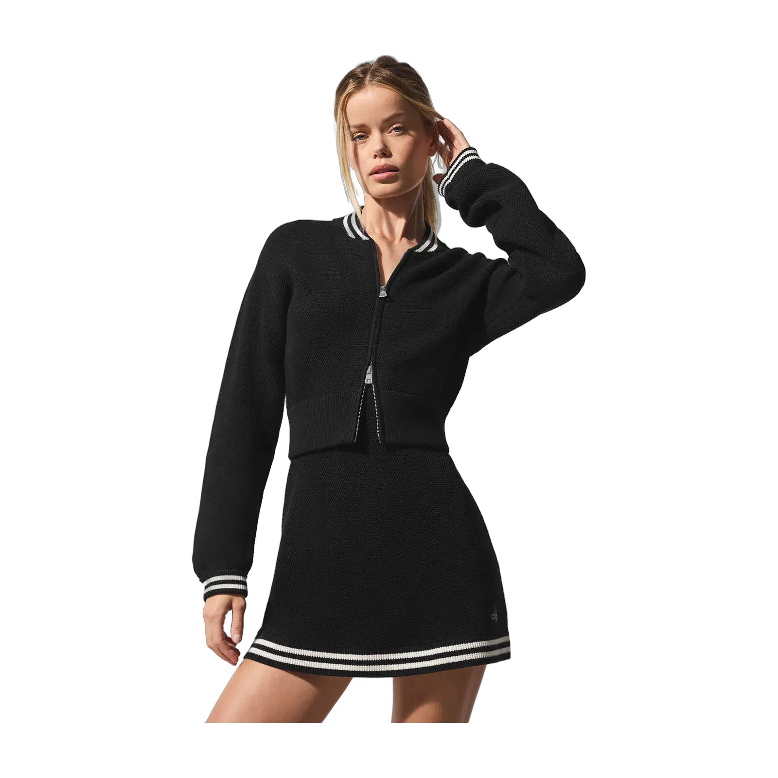 Alo Yoga Tennis Club Sweater Knit Full Zip Jacket - Black/Ivory