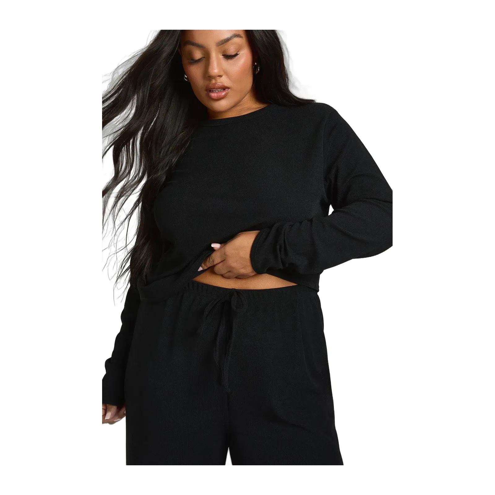 Plus Rib Basic Long Sleeve Top & Elasticated Waist Trouser Co Ord