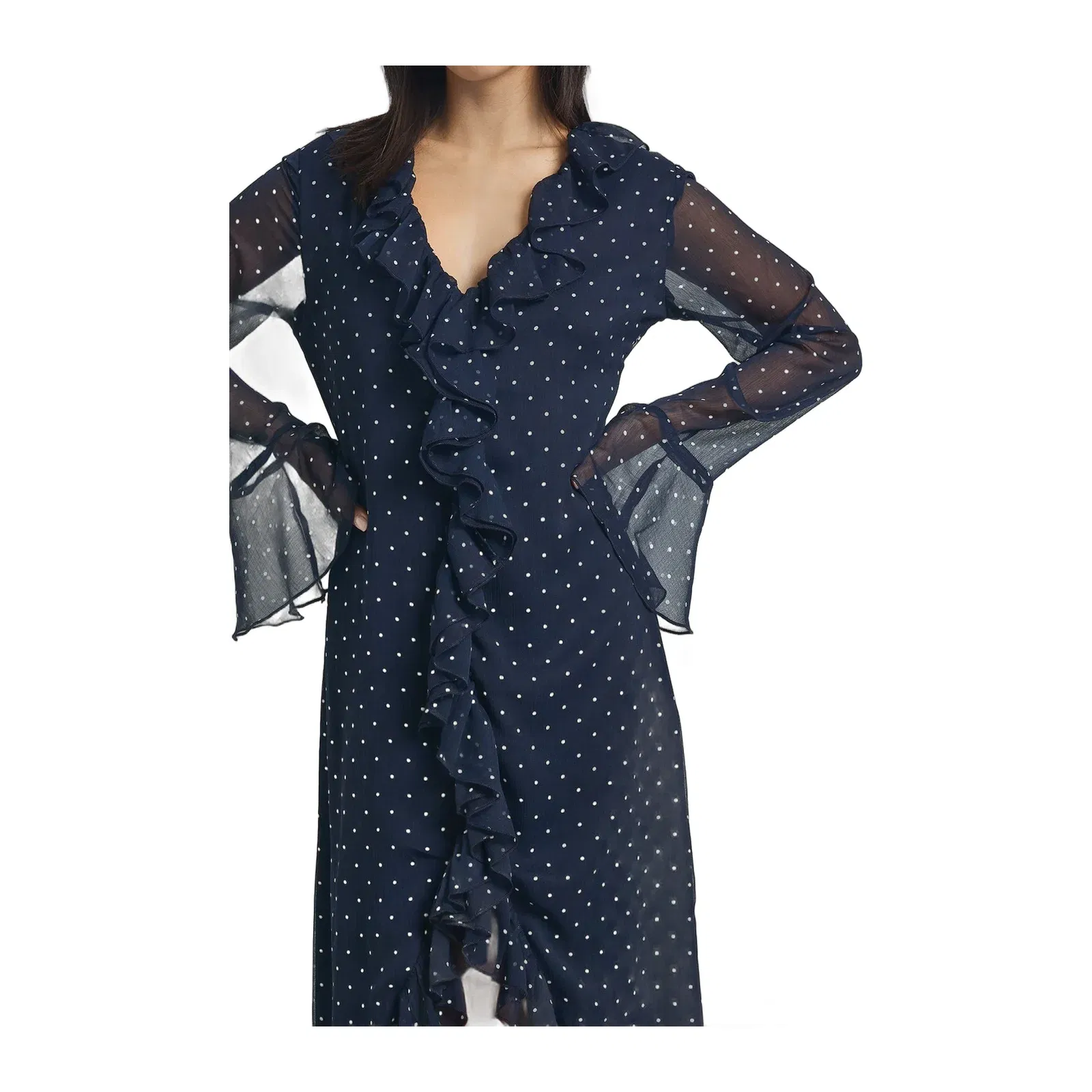 Petite Chiffon Polka Dot Ruffle Detail Midi Dress