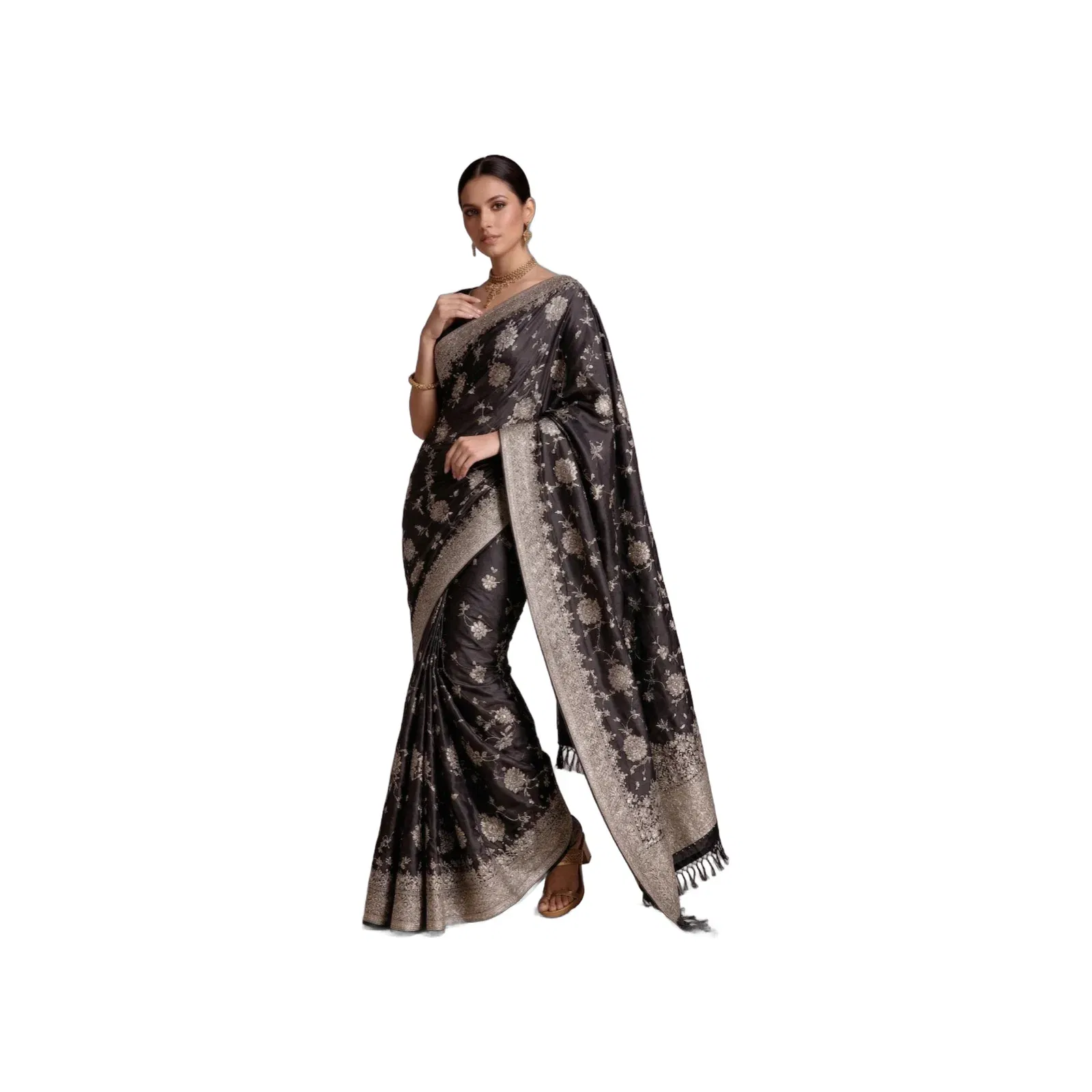 Onyx Heritage Banarasi Pure Silk Saree With Delicate Silver Zari