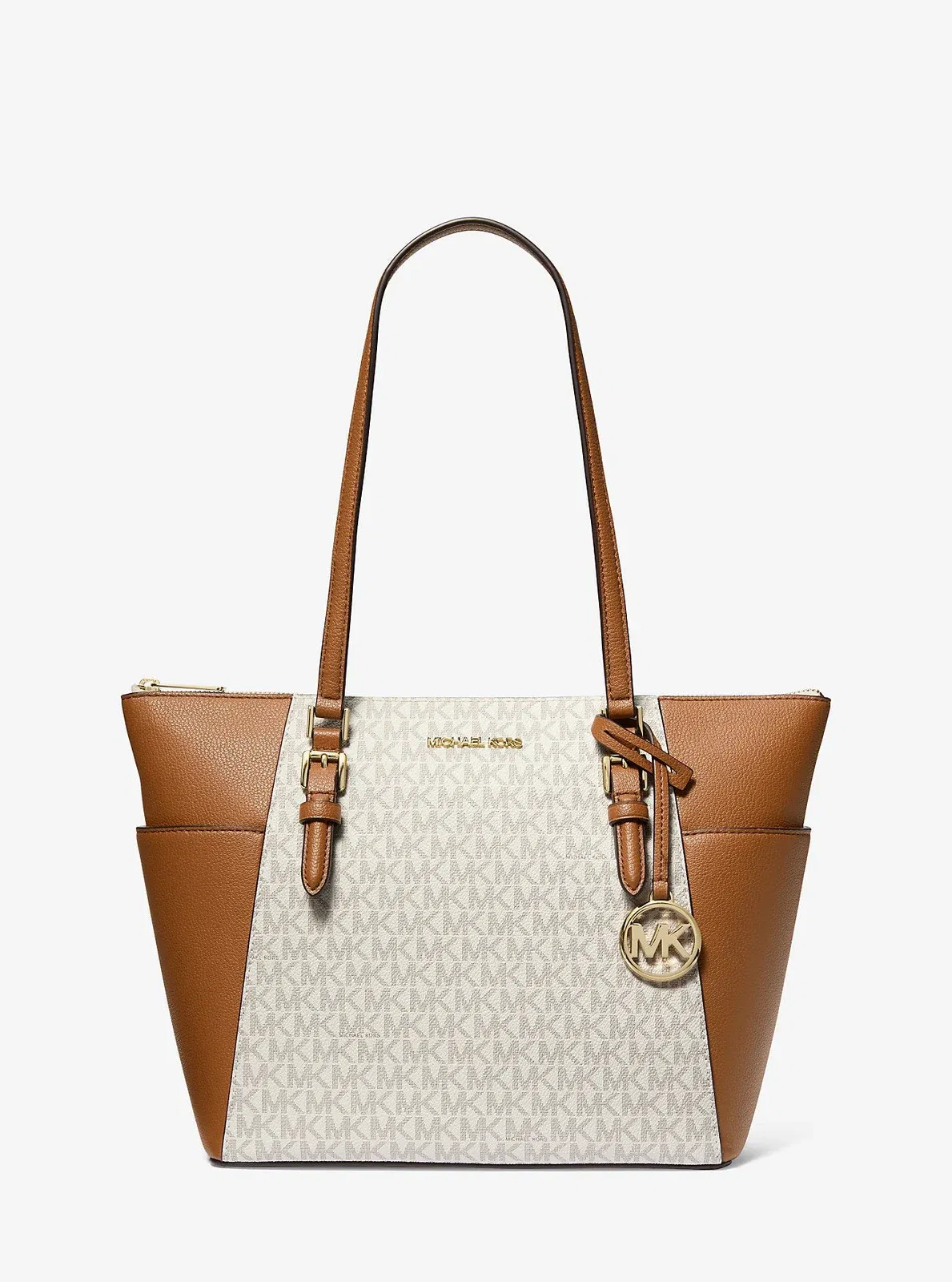 Michael Kors Charlotte Large Logo and Leather Top-Zip Tote Bag Vanilla